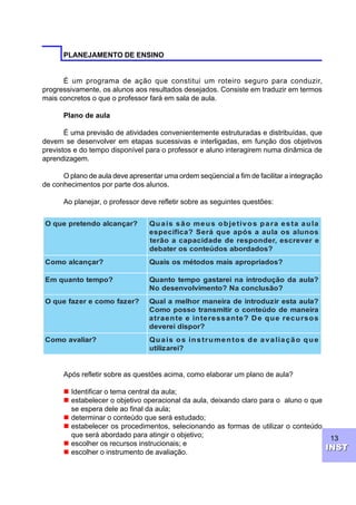 13
INSTINST
PLANEJAMENTO DE ENSINO
É um programa de ação que constitui um roteiro seguro para conduzir,
progressivamente, os alunos aos resultados desejados. Consiste em traduzir em termos
mais concretos o que o professor fará em sala de aula.
Plano de aula
É uma previsão de atividades convenientemente estruturadas e distribuídas, que
devem se desenvolver em etapas sucessivas e interligadas, em função dos objetivos
previstos e do tempo disponível para o professor e aluno interagirem numa dinâmica de
aprendizagem.
O plano de aula deve apresentar uma ordem seqüencial a fim de facilitar a integração
de conhecimentos por parte dos alunos.
Ao planejar, o professor deve refletir sobre as seguintes questões:
Após refletir sobre as questões acima, como elaborar um plano de aula?
n Identificar o tema central da aula;
n estabelecer o objetivo operacional da aula, deixando claro para o aluno o que
se espera dele ao final da aula;
n determinar o conteúdo que será estudado;
n estabelecer os procedimentos, selecionando as formas de utilizar o conteúdo
que será abordado para atingir o objetivo;
n escolher os recursos instrucionais; e
n escolher o instrumento de avaliação.
?raçnaclaodneterpeuqO aluaatsearapsovitejbosuemoãssiauQ
sonulasoaluaasópaeuqáreS?acifícepse
erevercse,rednopserededadicapacaoãret
?sodadrobasodúetnocsoretabed
?raçnaclaomoC ?sodairporpasiamsodotémsosiauQ
?opmetotnauqmE ?aluaadoãçudortnianieratsagopmetotnauQ
?oãsulcnocaN?otnemivlovnesedoN
?rezafomocerezafeuqO ?aluaatserizudortniedarienamrohlemalauQ
arienamedodúetnocoritimsnartossopomoC
sosrucereuqeD?etnasseretnieetnearta
?ropsidiereved
?railavaomoC euqoãçailavaedsotnemurtsnisosiauQ
?ierazilitu
 