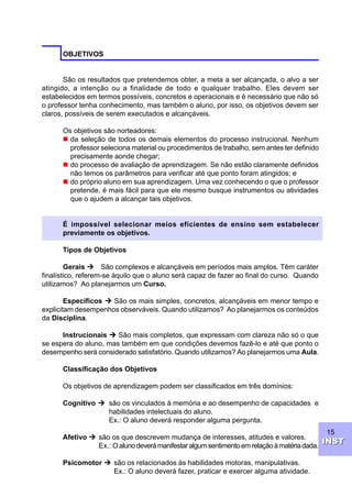 15
INSTINST
OBJETIVOS
São os resultados que pretendemos obter, a meta a ser alcançada, o alvo a ser
atingido, a intenção ou a finalidade de todo e qualquer trabalho. Eles devem ser
estabelecidos em termos possíveis, concretos e operacionais e é necessário que não só
o professor tenha conhecimento, mas também o aluno, por isso, os objetivos devem ser
claros, possíveis de serem executados e alcançáveis.
Os objetivos são norteadores:
n da seleção de todos os demais elementos do processo instrucional. Nenhum
professor seleciona material ou procedimentos de trabalho, sem antes ter definido
precisamente aonde chegar;
n do processo de avaliação de aprendizagem. Se não estão claramente definidos
não temos os parâmetros para verificar até que ponto foram atingidos; e
n do próprio aluno em sua aprendizagem. Uma vez conhecendo o que o professor
pretende, é mais fácil para que ele mesmo busque instrumentos ou atividades
que o ajudem a alcançar tais objetivos.
É impossível selecionar meios eficientes de ensino sem estabelecer
previamente os objetivos.
Tipos de Objetivos
Gerais Ú São complexos e alcançáveis em períodos mais amplos. Têm caráter
finalístico, referem-se àquilo que o aluno será capaz de fazer ao final do curso. Quando
utilizamos? Ao planejarmos um Curso.
Específicos Ú São os mais simples, concretos, alcançáveis em menor tempo e
explicitam desempenhos observáveis. Quando utilizamos? Ao planejarmos os conteúdos
da Disciplina.
Instrucionais Ú São mais completos, que expressam com clareza não só o que
se espera do aluno, mas também em que condições devemos fazê-lo e até que ponto o
desempenho será considerado satisfatório. Quando utilizamos? Ao planejarmos uma Aula.
Classificação dos Objetivos
Os objetivos de aprendizagem podem ser classificados em três domínios:
Cognitivo Ú são os vinculados à memória e ao desempenho de capacidades e
habilidades intelectuais do aluno.
Ex.: O aluno deverá responder alguma pergunta.
Afetivo Ú são os que descrevem mudança de interesses, atitudes e valores.
Ex.: Oalunodeverámanifestaralgumsentimentoemrelaçãoàmatériadada.
Psicomotor Ú são os relacionados às habilidades motoras, manipulativas.
Ex.: O aluno deverá fazer, praticar e exercer alguma atividade.
 