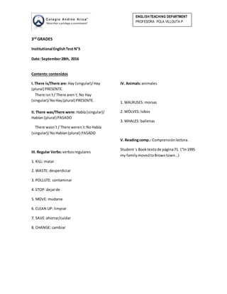 ENGLISH TEACHING DEPARTMENT
PROFESORA: POLA VILLOUTA P.
3rd GRADES
Institutional EnglishTest N°5
Date: September28th, 2016
Contents:contenidos
I. There is/There are: Hay (singular)/Hay
(plural) PRESENTE.
There isn´t/ There aren´t: No Hay
(singular)/NoHay(plural) PRESENTE.
II. There was/There were: Había (singular)/
Habían (plural) PASADO
There wasn´t / There weren´t:No Había
(singular)/NoHabían(plural) PASADO
III. Regular Verbs:verbosregulares
1. KILL: matar
2. WASTE: desperdiciar
3. POLLUTE: contaminar
4. STOP: dejarde
5. MOVE: mudarse
6. CLEAN UP: limpiar
7. SAVE:ahorrar/cuidar
8. CHANGE: cambiar
IV. Animals:animales
1. WALRUSES: morsas
2. WOLVES: lobos
3. WHALES: ballenas
V. Readingcomp.: Comprensiónlectora.
Student´s Booktextode página71. (“In1995
my familymovedtoBrowntown…)
 