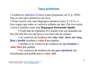 © Prof. Cícero Quarto – cicero.uema@gmail.com
32
Tipos primitivos
▪ A tabela no Apêndice D (Java como programar, ed. 8. p. 1070)
lista os oito tipos primitivos em Java.
▪ Como ocorre com suas linguagens predecessoras, C e C++, o
Java requer que todas as variáveis tenham um tipo. Por essa razão,
o Java é referido como uma linguagem fortemente tipada.
• Cada tipo do Apêndice D é listado com seu tamanho em
bits (há oito bits em um byte) e seu intervalo de valores;
• As variáveis de instância dos char, byte, short, int, long,
float e double recebem o valor 0 por padrão;
• Atribui-se às variáveis de instância do tipo boolean o
valor false por padrão;
• As variáveis de instância de tipo por referência são
inicializadas por padrão para o valor null.
 