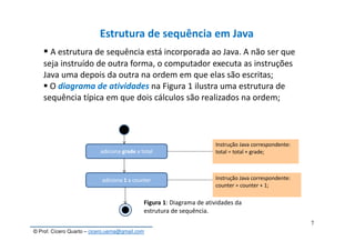 © Prof. Cícero Quarto – cicero.uema@gmail.com
7
Estrutura de sequência em Java
A estrutura de sequência está incorporada ao Java. A não ser que
seja instruído de outra forma, o computador executa as instruções
Java uma depois da outra na ordem em que elas são escritas;
O diagrama de atividades na Figura 1 ilustra uma estrutura de
sequência típica em que dois cálculos são realizados na ordem;
adiciona grade a total
adiciona 1 a counter
Instrução Java correspondente:
total = total + grade;
Instrução Java correspondente:
counter = counter + 1;
Figura 1: Diagrama de atividades da
estrutura de sequência.
 