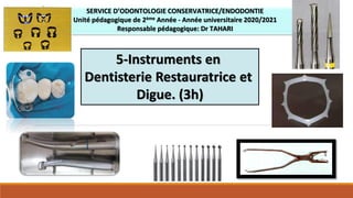 5-Instruments en
Dentisterie Restauratrice et
Digue. (3h)
SERVICE D’ODONTOLOGIE CONSERVATRICE/ENDODONTIE
Unité pédagogique de 2ème Année - Année universitaire 2020/2021
Responsable pédagogique: Dr TAHARI
 