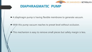 DIAPHRAGMATIC PUMP
 A diaphragm pump is having flexible membrane to generate vacuum.
 With this pump vacuum reaches to preset level without occlusion.
 This mechanism is easy to remove small pieces but safety margin is less.
 