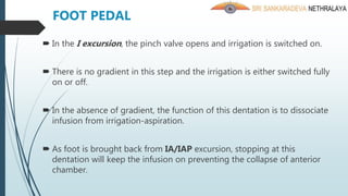  In the I excursion, the pinch valve opens and irrigation is switched on.
 There is no gradient in this step and the irrigation is either switched fully
on or off.
 In the absence of gradient, the function of this dentation is to dissociate
infusion from irrigation-aspiration.
 As foot is brought back from IA/IAP excursion, stopping at this
dentation will keep the infusion on preventing the collapse of anterior
chamber.
FOOT PEDAL
 
