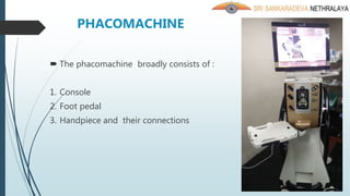  The phacomachine broadly consists of :
1. Console
2. Foot pedal
3. Handpiece and their connections
PHACOMACHINE
 