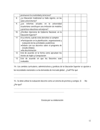 8.
9.

10.
11

12
13

promueven la creatividad y la lectura?
¿La Educación tradicional se halla vigente, en las
aulas univ...