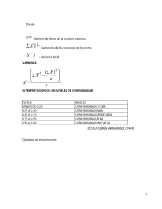 Donde:

n

Número de ítems de la escala ó muestra

 S i   Sumatoria de las varianzas de los ítems
2

2

S t

= Varian...