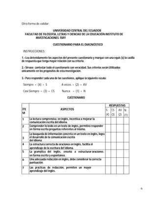 Otra forma de validar:
UNIVERSIDAD CENTRAL DEL ECUADOR
FACULTAD DE FILOSOFÍA, LETRAS Y CIENCIAS DE LA EDUCACIÓN INSTITUTO ...