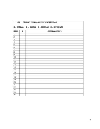 (B)

CALIDAD TÉCNICA Y REPRESENTATIVIDAD.

O = OPTIMA
ÍTEM

B

B = BUENA

R = REGULAR D = DEFICIENTE
OBSERVACIONES

1
2
3
...