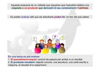 Aquesta avaluació és un mètode que requereix que l'estudiant elabori una
  resposta o un producte que demostri el seu coneixement i habilitats


  Es pretén avaluar allò que els estudiants poden fer, en lloc del que saben.




En una tasca es pot avaluar:
1. El procediment emprat: conjunt de passos per arribar a un resultat.
2. El producte resultant: objecte concret, una escultura, una carta escrita a
màquina, el resultat d'un experiment.
 