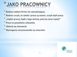 * 
* Rodzice oddani firmie ich zatrudniającej 
* Rodzice uczyli, że szkoła i praca są ważne, uczyli etyki pracy 
* „Ciężko pracuj, bądź z tego dumny, pnij się coraz wyżej!” 
* Praca to powołanie człowieka 
* Ubieraj się stosownie 
* Wymagania od pracownika są naturalne 
11 
 