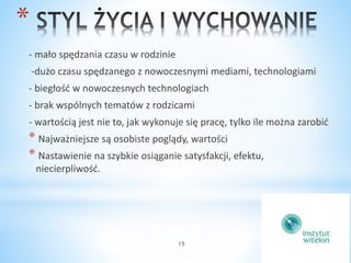 15 
* 
- mało spędzania czasu w rodzinie 
-dużo czasu spędzanego z nowoczesnymi mediami, technologiami 
- biegłość w nowoczesnych technologiach 
- brak wspólnych tematów z rodzicami 
- wartością jest nie to, jak wykonuje się pracę, tylko ile można zarobić 
* Najważniejsze są osobiste poglądy, wartości 
* Nastawienie na szybkie osiąganie satysfakcji, efektu, 
niecierpliwość. 
 