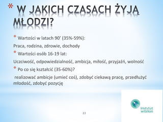 23 
* 
* Wartości w latach 90’ (35%-59%): 
Praca, rodzina, zdrowie, dochody 
* Wartości osób 16-19 lat: 
Uczciwość, odpowiedzialność, ambicja, miłość, przyjaźń, wolność 
* Po co się kształcić (35-60%)? 
realizować ambicje (umieć coś), zdobyć ciekawą pracę, przedłużyć 
młodość, zdobyć pozycję 
 