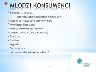 25 
* 
* Samodzielnie kupują: 
słodycze, napoje 85%; ubiór, obuwie 69% 
Akcesoria sportowe 61%; kosmetyki 60% 
* W wyborze kierują się: 
- Marką i prestiżem rówieśników 
- Drogimi towarami (nieprzecenione) 
- Emocjami 
- Trendem 
- Wyglądem 
- Sezonowością 
- Jakością i znajomością produktów (?) 
 