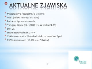 * 
* Mieszkający z rodzicami 30-latkowie 
* NEET (Polska i europa ok. 20%) 
* Prekariat i przeedukowanie 
*Pracujący biedni (ok. 10000 tys. W wieku 24-29) 
* 50+ 25- 
* Stopa bezrobocia: śr. 23,8% 
* 13,6% w ostatnich 2 latach działało na rzecz lok. Społ. 
* 13,9% zrzeszonych (13,2% wsz. Polaków) 
29 
 