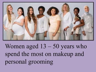 .
Women aged 13 – 50 years who
spend the most on makeup and
personal grooming
 