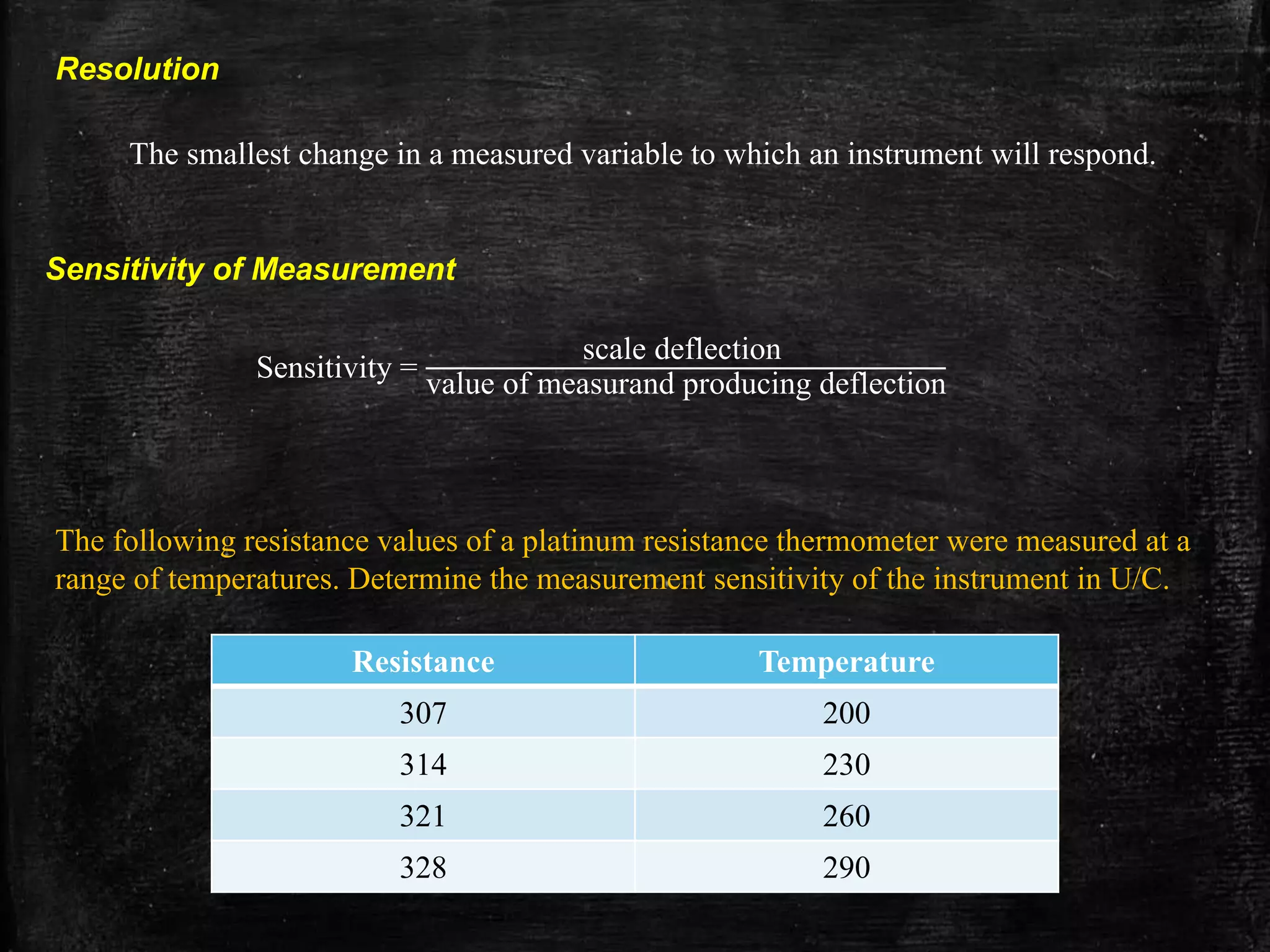 Resolution
The smallest change in a measured variable to which an instrument will respond.
Sensitivity of Measurement
Sensitivity =
scale deflection
value of measurand producing deflection
Resistance Temperature
307 200
314 230
321 260
328 290
The following resistance values of a platinum resistance thermometer were measured at a
range of temperatures. Determine the measurement sensitivity of the instrument in U/C.
 