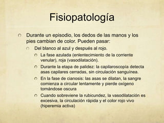 Fisiopatología
Durante un episodio, los dedos de las manos y los
pies cambian de color. Pueden pasar:
   Del blanco al azul y después al rojo.
      La fase azulada (enlentecimiento de la corriente
      venular), roja (vasodilatación).
      Durante la etapa de palidez: la capilaroscopía detecta
      asas capilares cerradas, sin circulación sanguínea.
      En la fase de cianosis: las asas se dilatan, la sangre
      comienza a circular lentamente y pierde oxígeno
      tornándose oscura
      Cuando sobreviene la rubicundez, la vasodilatación es
      excesiva, la circulación rápida y el color rojo vivo
      (hiperemia activa)
 
