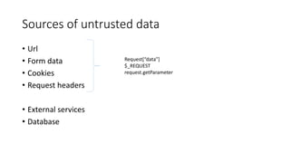 Sources of untrusted data 
• Url 
• Form data 
• Cookies 
• Request headers 
• External services 
• Database 
Request[“data”] 
$_REQUEST 
request.getParameter 
 