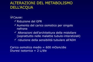 ALTERAZIONI DEL METABOLISMO
DELL’ACQUA
 Cause:
Riduzione del GFR
Aumento del carico osmotico per singolo
nefrone
 Alterazioni dell’architettura della midollare
(soprattutto nelle malattie tubulo-interstiziali)
 riduzione della sensibilità tubulare all’ADH
Carico osmotico medio = 600 mOsm/die
Diuresi isotonica = 2 L/die
 