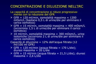 CONCENTRAZIONE E DILUIZIONE NELL’IRC
La capacità di concentrazione si riduce progressiva-La capacità di concentrazione si riduce progressiva-
mente con la riduzione del GFRmente con la riduzione del GFR
 GFR = 120 ml/min, osmolalità massima = 1200
mOsm/L (bastano 0,5 L di urine/die per eliminare il
carico osmotico)
 GFR = 15 ml/min, osmolalità massima = 400 mOsm/L
(occorrono 1,5 L di urine/die per eliminare il carico
osmotico)
 10 ml/min, osmolalità massima = 300 mOsm/L, urine
isotoniche (occorrono 2 L di urine/die per eliminare il
carico osmotico)
Capacità di diluizione = 12% dell’acqua filtrata (12Capacità di diluizione = 12% dell’acqua filtrata (12
ml/100 ml GFR)ml/100 ml GFR)
 GFR = 120 ml/min (acqua filtrata = 170 L/die);
diuresi massima = 20 L/die
 GFR = 15 ml/min (acqua filtrata = 21,5 L/die); diuresi
massima = 2,6 L/die
 