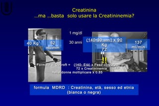 CreatininaCreatinina
……ma …basta solo usare la Creatininemia?ma …basta solo usare la Creatininemia?
1 mg/dl1 mg/dl
30 anni30 anni
formula MDRD : Creatinina, età, sesso ed etniaformula MDRD : Creatinina, età, sesso ed etnia
(bianca o negra)(bianca o negra)
(140-30(140-30 annianni ) x 90) x 90
KgKg
7272
137137
ml/minml/min
40 Kg40 Kg 5252
ml/minml/min
Formula di Cocroft =Formula di Cocroft = (140- Età) x Peso corporeo(140- Età) x Peso corporeo
72 x Creatininemia72 x Creatininemia
nelle donne moltiplicare x 0.85nelle donne moltiplicare x 0.85
!!!!
 