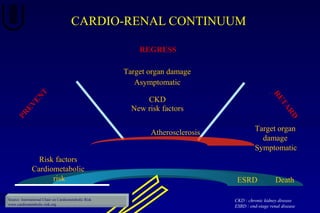 CARDIO-RENAL CONTINUUM
REGRESS
RETARD
Target organ damage
Asymptomatic
CKD
New risk factors
Risk factors
Cardiometabolic
risk
PREVENT
Source: International Chair on Cardiometabolic Risk
www.cardiometabolic-risk.org
Target organ
damage
Symptomatic
Death
Atherosclerosis
ESRD
CKD : chronic kidney disease
ESRD : end-stage renal disease
 