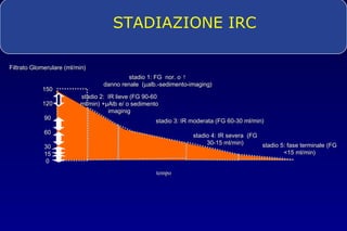 Filtrato Glomerulare (ml/min)Filtrato Glomerulare (ml/min)
150150
120120
9090
6060
3030
1515
00
stadio 1: FG nor. o ↑stadio 1: FG nor. o ↑
danno renale (danno renale (µµalb.-sedimento-imaging)alb.-sedimento-imaging)
stadio 2: IR lieve (FG 90-60stadio 2: IR lieve (FG 90-60
ml/min) +μAlb e/ o sedimentoml/min) +μAlb e/ o sedimento
imaginigimaginig
stadio 3: IRstadio 3: IR moderata (FG 60-30 ml/min)moderata (FG 60-30 ml/min)
stadio 4: IR severastadio 4: IR severa (FG(FG
30-15 ml/min)30-15 ml/min) stadio 5: fase terminalestadio 5: fase terminale (FG(FG
<15 ml/min)<15 ml/min)
tempotempo
STADIAZIONE IRC
 