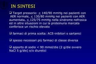 IN SINTESI
 Target pressorio: < 140/90 mmHg nei pazienti con
AER normale, < 130/80 mmHg nei pazienti con AER
aumentata, < 125/75 mmHg nella sindrome nefrosica
ed in altre situazioni in cui la proteinuria marcata
conferisce un rischio elevato
 farmaci di prima scelta: ACE-inibitori o sartanici
 spesso necessari più farmaci di classe diversa
 apporto di sodio < 90 mmol/die (2 g/die ovvero
NaCl 5 g/die) e/o diuretici
 