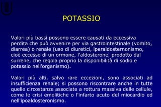 Valori più bassi possono essere causati da eccessiva
perdita che può avvenire per via gastrointestinale (vomito,
diarrea) o renale (uso di diuretici, iperaldosternonismo,
cioè eccesso di un ormone, l'aldosterone, prodotto dal
surrene, che regola proprio la disponibilità di sodio e
potassio nell'organismo).
Valori più alti, salvo rare eccezioni, sono associati ad
insufficienza renale; si possono riscontrare anche in tutte
quelle circostanze associate a rottura massiva delle cellule,
come le crisi emolitiche o l'infarto acuto del miocardio ed
nell'ipoaldosteronismo.
POTASSIO
 