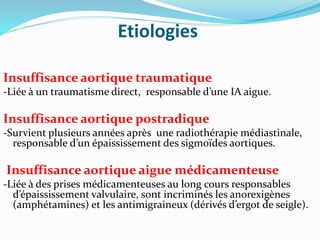 Etiologies
Insuffisance aortique traumatique
-Liée à un traumatisme direct, responsable d’une IA aigue.
Insuffisance aortique postradique
-Survient plusieurs années après une radiothérapie médiastinale,
responsable d’un épaississement des sigmoïdes aortiques.
Insuffisance aortique aigue médicamenteuse
-Liée à des prises médicamenteuses au long cours responsables
d’épaississement valvulaire, sont incriminés les anorexigènes
(amphétamines) et les antimigraineux (dérivés d’ergot de seigle).
 