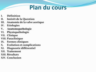 Plan du cours
I. Définition
II. Intérêt de la Question
III. Anatomie de la valve aortique
IV. Etiologies
V. Anatomopathologie
VI. Physiopathologie
VII. Clinique
VIII. Paraclinique
IX. Formes cliniques
X. Evolution et complications
XI. Diagnostic différentiel
XII. Traitement
XIII. Résultats
XIV. Conclusion
 