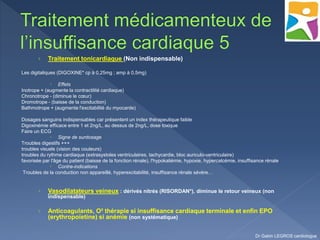 › Traitement tonicardiaque (Non indispensable)
Les digitaliques (DIGOXINE* cp à 0,25mg ; amp à 0,5mg)
 Effets
Inotrope + (augmente la contractilité cardiaque)
Chronotrope - (diminue le cœur)
Dromotrope - (baisse de la conduction)
Bathmotrope + (augmente l'excitabilité du myocarde)
Dosages sanguins indispensables car présentent un index thérapeutique faible
Digoxinémie efficace entre 1 et 2ng/L, au dessus de 2ng/L, dose toxique
Faire un ECG
 Signe de surdosage
Troubles digestifs +++
troubles visuels (vision des couleurs)
troubles du rythme cardiaque (extrasystoles ventriculaires, tachycardie, bloc auriculo-ventriculaire)
favorisée par l'âge du patient (baisse de la fonction rénale), l'hypokaliémie, hypoxie, hypercalcémie, insuffisance rénale
 Contre-indications
Troubles de la conduction non appareillé, hyperexcitabilité, insuffisance rénale sévère…
› Vasodilatateurs veineux : dérivés nitrés (RISORDAN*), diminue le retour veineux (non
indispensable)
› Anticoagulants, O² thérapie si insuffisance cardiaque terminale et enfin EPO
(erythropoïetine) si anémie (non systématique)
Dr Gabin LEGROS cardiologue
 