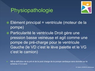  Elément principal = ventricule (moteur de la
pompe)
 Particularité le ventricule Droit gère une
pression basse veineuse et agit comme une
pompe de pré-charge pour le ventricule
Gauche (le VD c’est le lève palette et le VG
c’est le camion)
 NB la définition de la pré et de la post charge de la pompe cardiaque sera donnée sur le
schéma n°2 à venir
Dr Gabin LEGROS cardiologue
 