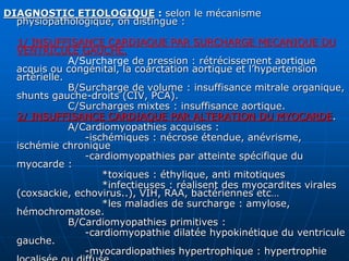 DIAGNOSTIC ETIOLOGIQUE : selon le mécanisme
physiopathologique, on distingue :
1/ INSUFFISANCE CARDIAQUE PAR SURCHARGE MECANIQUE DU
VENTRICULE GAUCHE.
A/Surcharge de pression : rétrécissement aortique
acquis ou congénital, la coarctation aortique et l’hypertension
artérielle.
B/Surcharge de volume : insuffisance mitrale organique,
shunts gauche-droits (CIV, PCA).
C/Surcharges mixtes : insuffisance aortique.
2/ INSUFFISANCE CARDIAQUE PAR ALTERATION DU MYOCARDE.
A/Cardiomyopathies acquises :
-ischémiques : nécrose étendue, anévrisme,
ischémie chronique
-cardiomyopathies par atteinte spécifique du
myocarde :
*toxiques : éthylique, anti mitotiques
*infectieuses : réalisent des myocardites virales
(coxsackie, echovirus..), VIH, RAA, bactériennes etc…
*les maladies de surcharge : amylose,
hémochromatose.
B/Cardiomyopathies primitives :
-cardiomyopathie dilatée hypokinétique du ventricule
gauche.
-myocardiopathies hypertrophique : hypertrophie
 