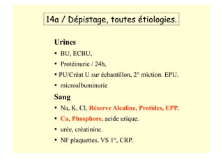 Urines
•  BU, ECBU,
•  Protéinurie / 24h,
• PU/Créat U sur échantillon, 2° miction. EPU.
•  microalbuminurie
Sang
•  Na, K, Cl, Réserve Alcaline, Protides, EPP.
•  Ca, Phosphore, acide urique.
•  urée, créatinine.
•  NF plaquettes, VS 1°, CRP.
14a / Dépistage, toutes étiologies.
 