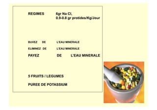 REGIMES 6gr Na Cl,
0.9-0.8 gr protides/Kg/Jour
BUVEZ DE L’EAU MINERALE
ELIMINEZ DE L’EAU MINERALE
PAYEZ DE L’EAU MINERALE
5 FRUITS / LEGUMES
PUREE DE POTASSIUM
 