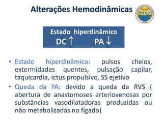 Alterações Hemodinâmicas
• Estado hiperdinâmico: pulsos cheios,
extermidades quentes, pulsação capilar,
taquicardia, ictus propulsivo, SS ejetivo
• Queda da PA: devido a queda da RVS (
abertura de anastomoses arteriovenosas por
substâncias vasodilatadoras produzidas ou
não metabolizadas no fígado)
Estado hiperdinâmico
DC  PA 
 