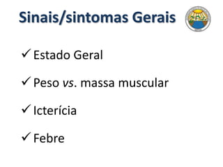 Sinais/sintomas Gerais
Estado Geral
Peso vs. massa muscular
Icterícia
Febre
 
