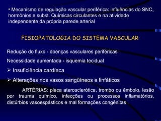 Mecanismo de regulação vascular periférica: influências do SNC, hormônios e subst. Químicas circulantes e na atividade independente da própria parede arterial FISIOPATOLOGIA DO SISTEMA VASCULAR Redução   do fluxo - doenças vasculares periféricas Necessidade aumentada - isquemia tecidual Insuficiência cardíaca Alterações nos vasos sangüíneos e linfáticos ARTÉRIAS: placa aterosclerótica, trombo ou êmbolo, lesão por trauma químico, infecções ou processos inflamatórios, distúrbios vasoespásticos e mal formações congênitas   
