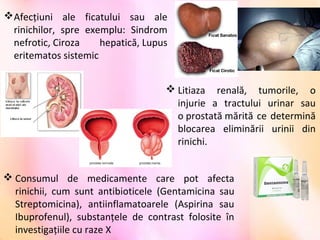 Afecțiuni ale ficatului sau ale
rinichilor, spre exemplu: Sindrom
nefrotic, Ciroza hepatică, Lupus
eritematos sistemic
 Consumul de medicamente care pot afecta
rinichii, cum sunt antibioticele (Gentamicina sau
Streptomicina), antiinflamatoarele (Aspirina sau
Ibuprofenul), substanțele de contrast folosite în
investigațiile cu raze X
 Litiaza renală, tumorile, o
injurie a tractului urinar sau
o prostată mărită ce determină
blocarea eliminării urinii din
rinichi.
 