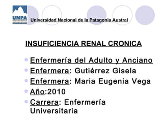 [object Object],[object Object],[object Object],[object Object],[object Object],INSUFICIENCIA RENAL CRONICA Universidad Nacional de la Patagonia Austral 