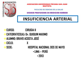 ASOCIACION UNIVERSIDAD PRIVADA SAN JUAN
BAUTISTA
FACULTAD DE CIENCIAS DE LA SALUD

ESCUELA PROFESIONAL DE MEDICINA HUMANA

CURSO:
CIRUGIA II
CATEDRATICO(A): Dr. QUIQUIN MAXIMO
ALUMNO: BRAVO ACOSTA JOSÉ
CICLO:
X
SEDE:
HOSPITAL NACIONAL DOS DE MAYO
• LIMA – PERÚ
• 2013

 
