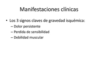 Manifestaciones clínicasLos 3 signos claves de gravedad isquémica:Dolor persistentePerdida de sensibilidadDebilidad muscular