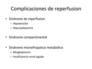Complicaciones de reperfusionSíndrome de reperfusionHipotensiónHiperpotasemiaSíndrome compartimentalSíndrome mionefropatico metabólicoMioglobinuriaInsuficiencia renal aguda
