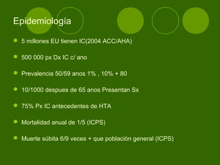 Epidemiología

 5 millones EU tienen IC(2004 ACC/AHA)

 500 000 px Dx IC c/ ano

 Prevalencia 50/59 anos 1% , 10% + 80

 10/1000 despues de 65 anos Presentan Sx

 75% Px IC antecedentes de HTA

 Mortalidad anual de 1/5 (ICPS)

 Muerte súbita 6/9 veces + que población general (ICPS)
 