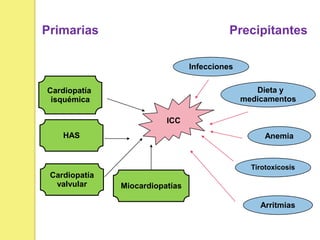 ICC
Cardiopatía
isquémica
HAS
Cardiopatía
valvular
Anemia
Infecciones
Dieta y
medicamentos
Arritmias
Primarias
Miocardiopatías
Precipitantes
Tirotoxicosis
 