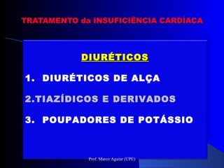 DIURÉTICOSDIURÉTICOS
1. DIURÉTICOS DE ALÇA
2.TIAZÍDICOS E DERIVADOS
3. POUPADORES DE POTÁSSIO
TRATAMENTO da INSUFICIÊNCIA CARDÍACATRATAMENTO da INSUFICIÊNCIA CARDÍACA
Prof. Marco Aguiar (UPE)
 
