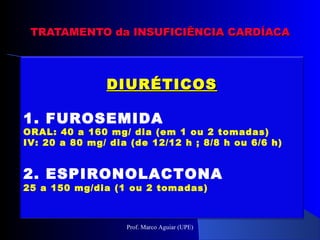 DIURÉTICOSDIURÉTICOS
1. FUROSEMIDA
ORAL: 40 a 160 mg/ dia (em 1 ou 2 tomadas)
IV: 20 a 80 mg/ dia (de 12/12 h ; 8/8 h ou 6/6 h)
2. ESPIRONOLACTONA
25 a 150 mg/dia (1 ou 2 tomadas)
TRATAMENTO da INSUFICIÊNCIA CARDÍACATRATAMENTO da INSUFICIÊNCIA CARDÍACA
Prof. Marco Aguiar (UPE)
 