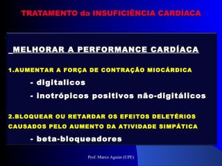 MELHORAR A PERFORMANCE CARDÍACAMELHORAR A PERFORMANCE CARDÍACA
1.AUMENTAR A FORÇA DE CONTRAÇÃO MIOCÁRDICA
- digitalicos- digitalicos
- inotrópicos positivos não-digitálicos- inotrópicos positivos não-digitálicos
2.BLOQUEAR OU RETARDAR OS EFEITOS DELETÉRIOS
CAUSADOS PELO AUMENTO DA ATIVIDADE SIMPÁTICA
- beta-bloqueadores- beta-bloqueadores
TRATAMENTO da INSUFICIÊNCIA CARDÍACATRATAMENTO da INSUFICIÊNCIA CARDÍACA
Prof. Marco Aguiar (UPE)
 
